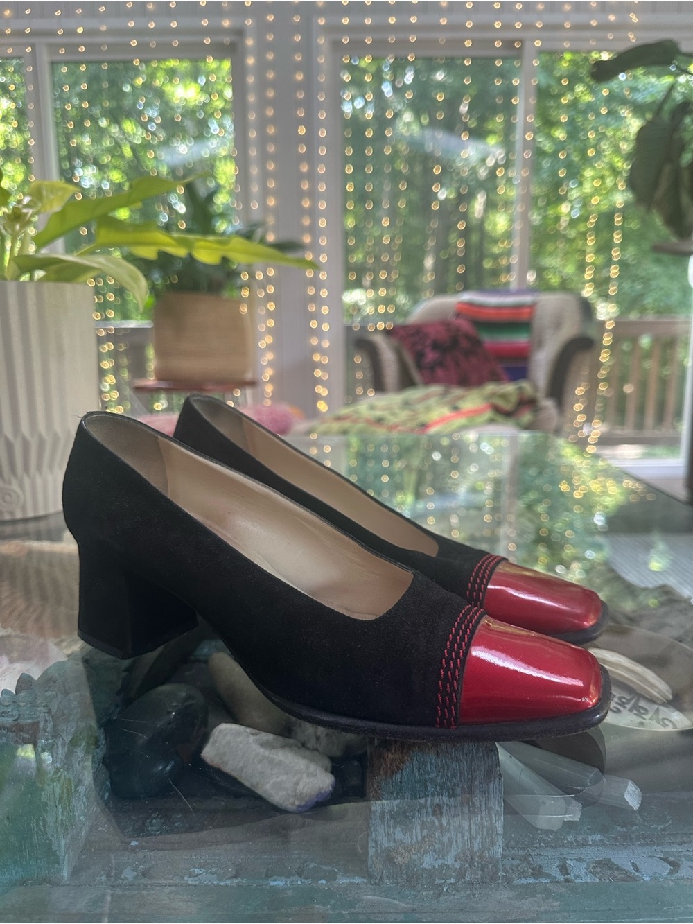 Escada Black Suede Pumps with Red Patent Cap Toe 7.5
